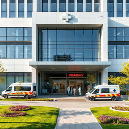 A contemporary hospital building showcasing minimalist architecture with sleek lines and a combination of glass and steel finishes