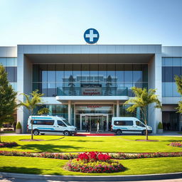 A contemporary hospital building showcasing minimalist architecture with sleek lines and a combination of glass and steel finishes