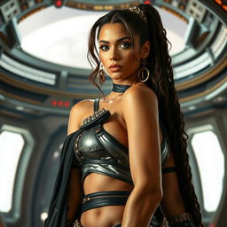 A sultry and iconic depiction of a character in a fantasy sci-fi universe, adorned in a classic slave outfit reminiscent of an intergalactic princess, standing confidently