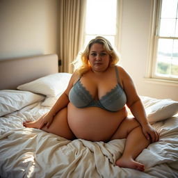 A 40-year-old curvy and fat woman with natural blonde hair, wearing a grey lace trim bralette lingerie set, posing on a king-size bed with messy sheets