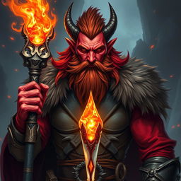 A striking male tiefling with vivid red skin and a prominent beard, exuding an aura of fire magic