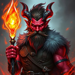 A striking male tiefling with vivid red skin and a prominent beard, exuding an aura of fire magic