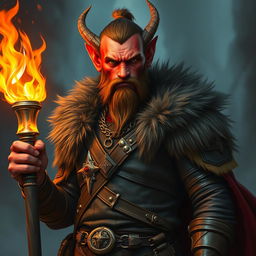 A full-height male tiefling with striking red skin and a neatly trimmed short beard, emanating a powerful aura of fire abilities