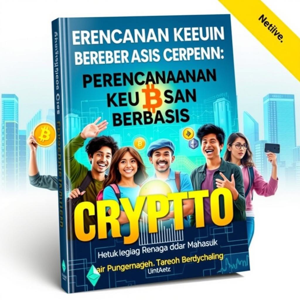 A dynamic and futuristic book cover titled "Perencanaan Keuangan Berbasis Crypto untuk Remaja dan Mahasiswa"