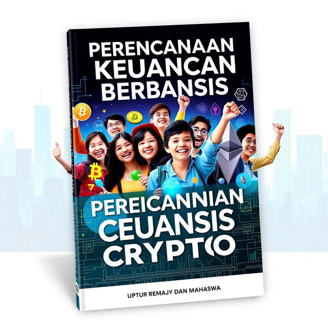 A dynamic and futuristic book cover titled "Perencanaan Keuangan Berbasis Crypto untuk Remaja dan Mahasiswa"