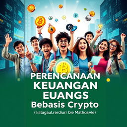 A dynamic and futuristic book cover titled "Perencanaan Keuangan Berbasis Crypto untuk Remaja dan Mahasiswa"