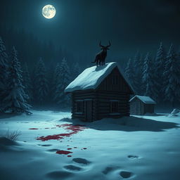 A realistic snowy landscape at night during Christmas, with a dense forest as the backdrop