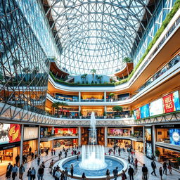 A grand, ultra-modern mall building with a stunning facade of glass and steel, showcasing intricate geometric patterns