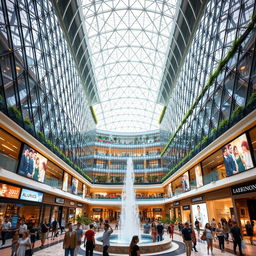 A grand, ultra-modern mall building with a stunning facade of glass and steel, showcasing intricate geometric patterns