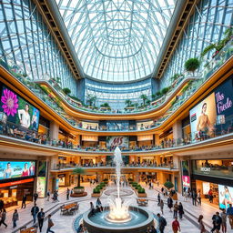 A grand, ultra-modern mall building with a stunning facade of glass and steel, showcasing intricate geometric patterns