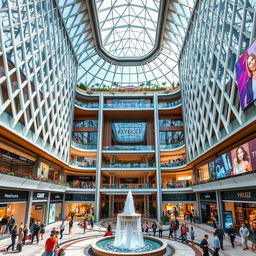 A grand, ultra-modern mall building with a stunning facade of glass and steel, showcasing intricate geometric patterns