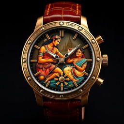 A custom watch design inspired by Kerala mural art, featuring a dial that depicts Karna from the Mahabharata receiving his armor and earrings from Kunti