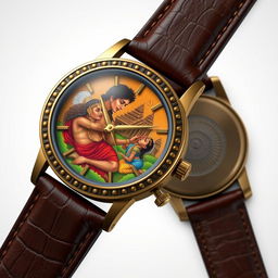 A custom watch design inspired by Kerala mural art, featuring a dial that depicts Karna from the Mahabharata receiving his armor and earrings from Kunti