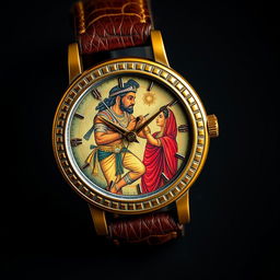 A custom watch design inspired by Kerala mural art, featuring a dial that depicts Karna from the Mahabharata receiving his armor and earrings from Kunti