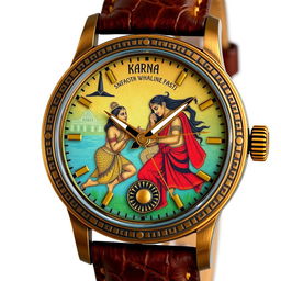 A custom watch design inspired by Kerala mural art, featuring a dial that depicts Karna from the Mahabharata receiving his armor and earrings from Kunti