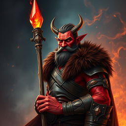 A full-size male tiefling with striking red skin and a short, well-groomed beard, showcasing his powerful fire abilities