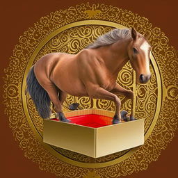 An old, wise-looking horse wrapped in a large ornate gift box with an open lid. The saying 'Don't look a gift horse in the mouth' floats around the image in elegant, curled script.