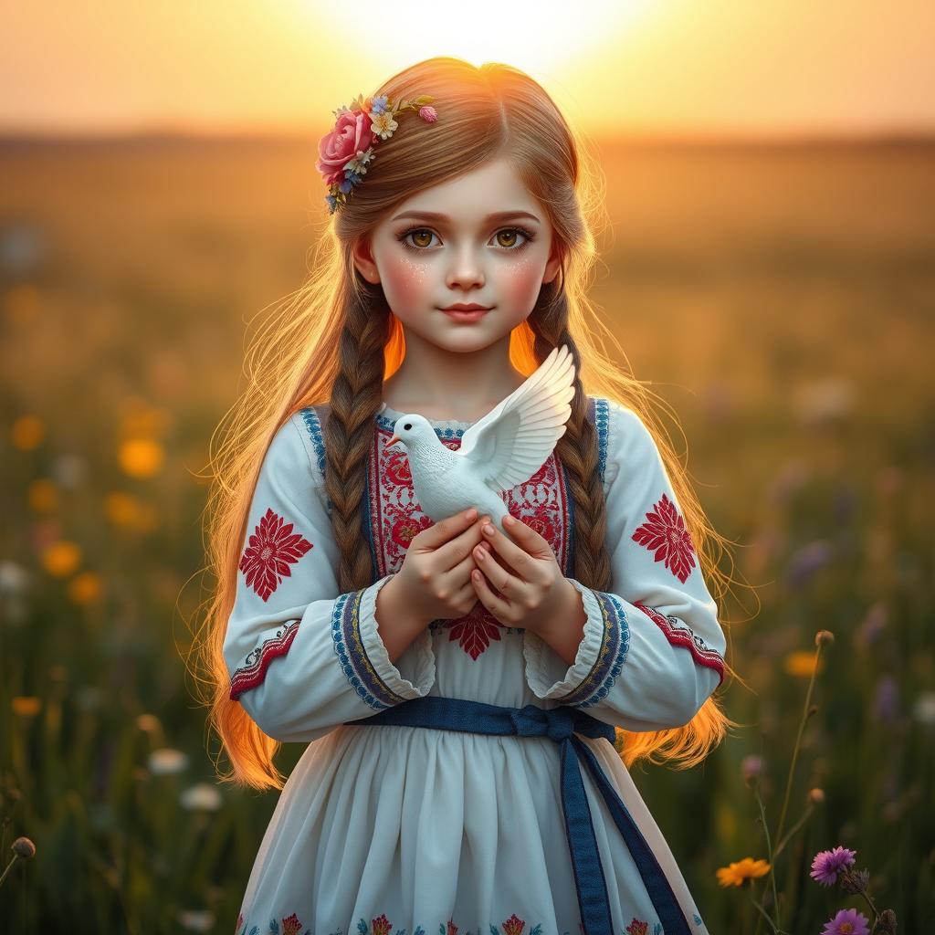 A harmonious and symbolic image of a girl with features representing both Russia and Ukraine, embodying unity and peace