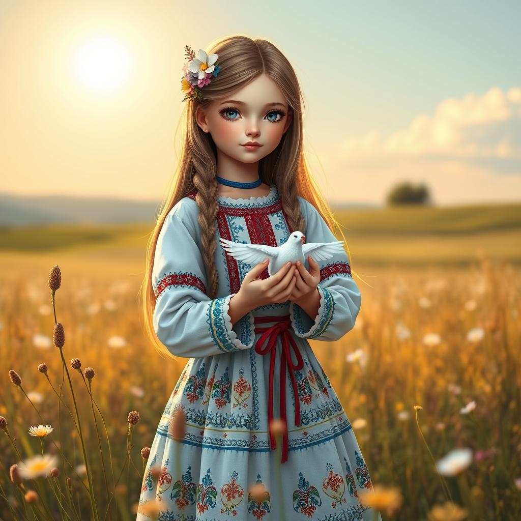 A harmonious and symbolic image of a girl with features representing both Russia and Ukraine, embodying unity and peace