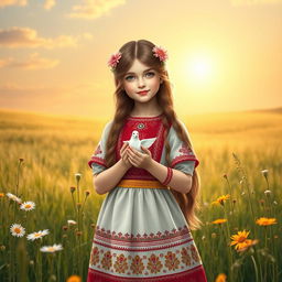 A harmonious and symbolic image of a girl with features representing both Russia and Ukraine, embodying unity and peace