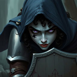 A woman with pale grey skin and piercing purple eyes, her very curly dark brown hair framing her face