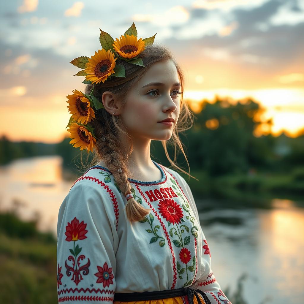 A harmonious and symbolic portrayal of a girl with elements representing both Russia and Ukraine, blending the cultures beautifully