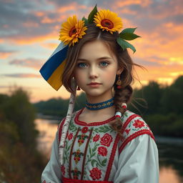 A harmonious and symbolic portrayal of a girl with elements representing both Russia and Ukraine, blending the cultures beautifully