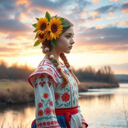 A harmonious and symbolic portrayal of a girl with elements representing both Russia and Ukraine, blending the cultures beautifully