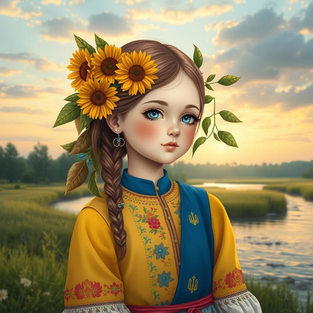 A harmonious and symbolic portrayal of a girl with elements representing both Russia and Ukraine, blending the cultures beautifully