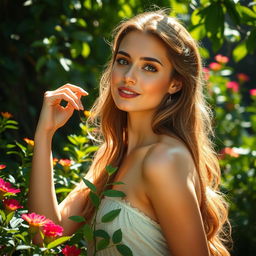 A beautiful woman in a natural setting, surrounded by lush greenery and vibrant flowers, with sunlight filtering through the leaves, creating a mesmerizing play of light and shadows on her skin