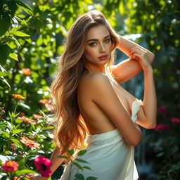 A beautiful woman in a natural setting, surrounded by lush greenery and vibrant flowers, with sunlight filtering through the leaves, creating a mesmerizing play of light and shadows on her skin