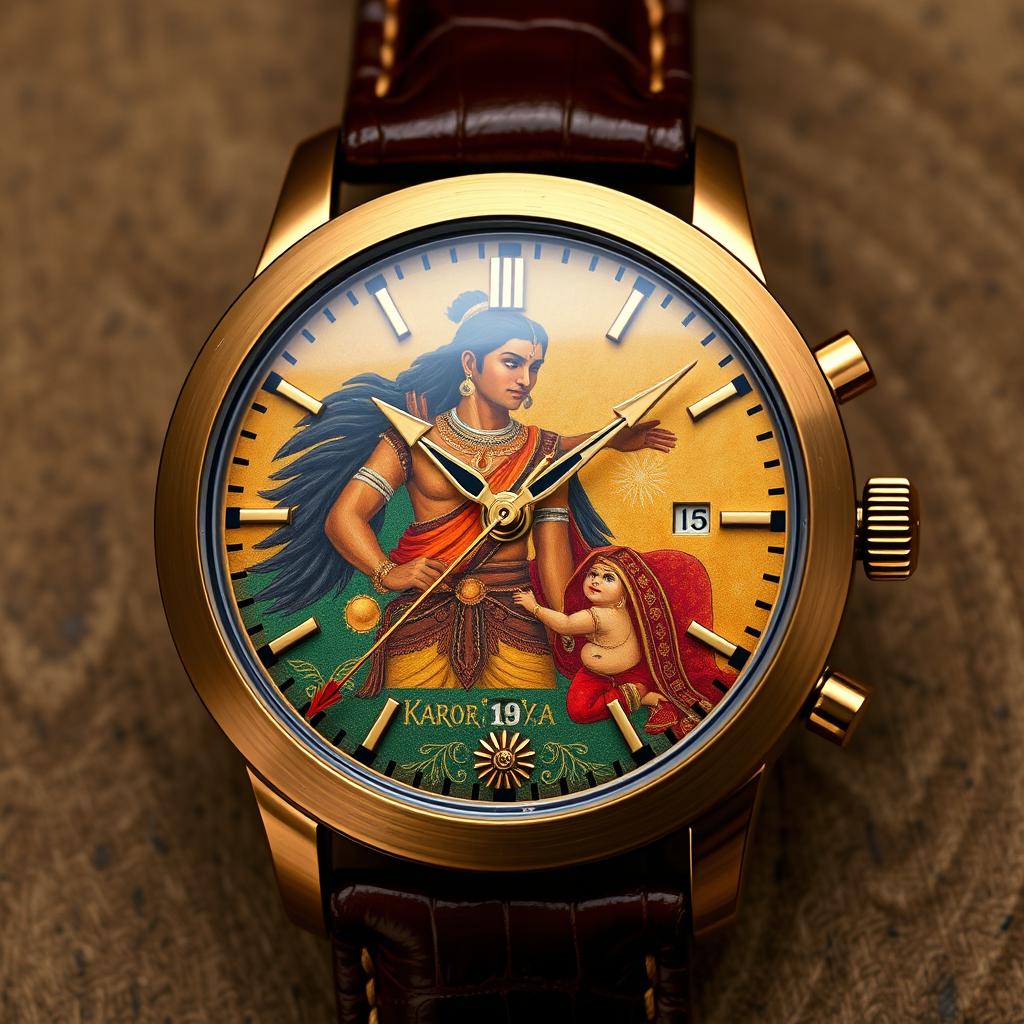 A custom watch design inspired by Kerala mural art, with a dial that avoids images but evokes the essence of Karna from the Mahabharata receiving his armor and earrings from Kunti