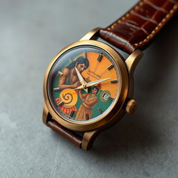 A custom watch design inspired by Kerala mural art, with a dial that avoids images but evokes the essence of Karna from the Mahabharata receiving his armor and earrings from Kunti