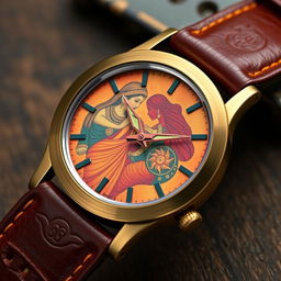 A custom watch design inspired by Kerala mural art, with a dial that avoids images but evokes the essence of Karna from the Mahabharata receiving his armor and earrings from Kunti