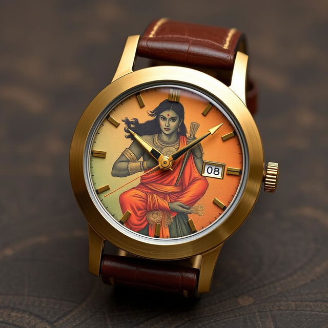 A custom watch design inspired by Kerala mural art, with a dial that avoids images but evokes the essence of Karna from the Mahabharata receiving his armor and earrings from Kunti