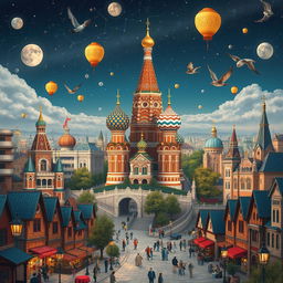 An imaginative cityscape blending cultural elements from Russia, Ukraine, and Belarus