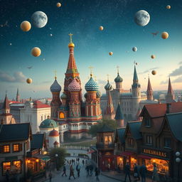 An imaginative cityscape blending cultural elements from Russia, Ukraine, and Belarus