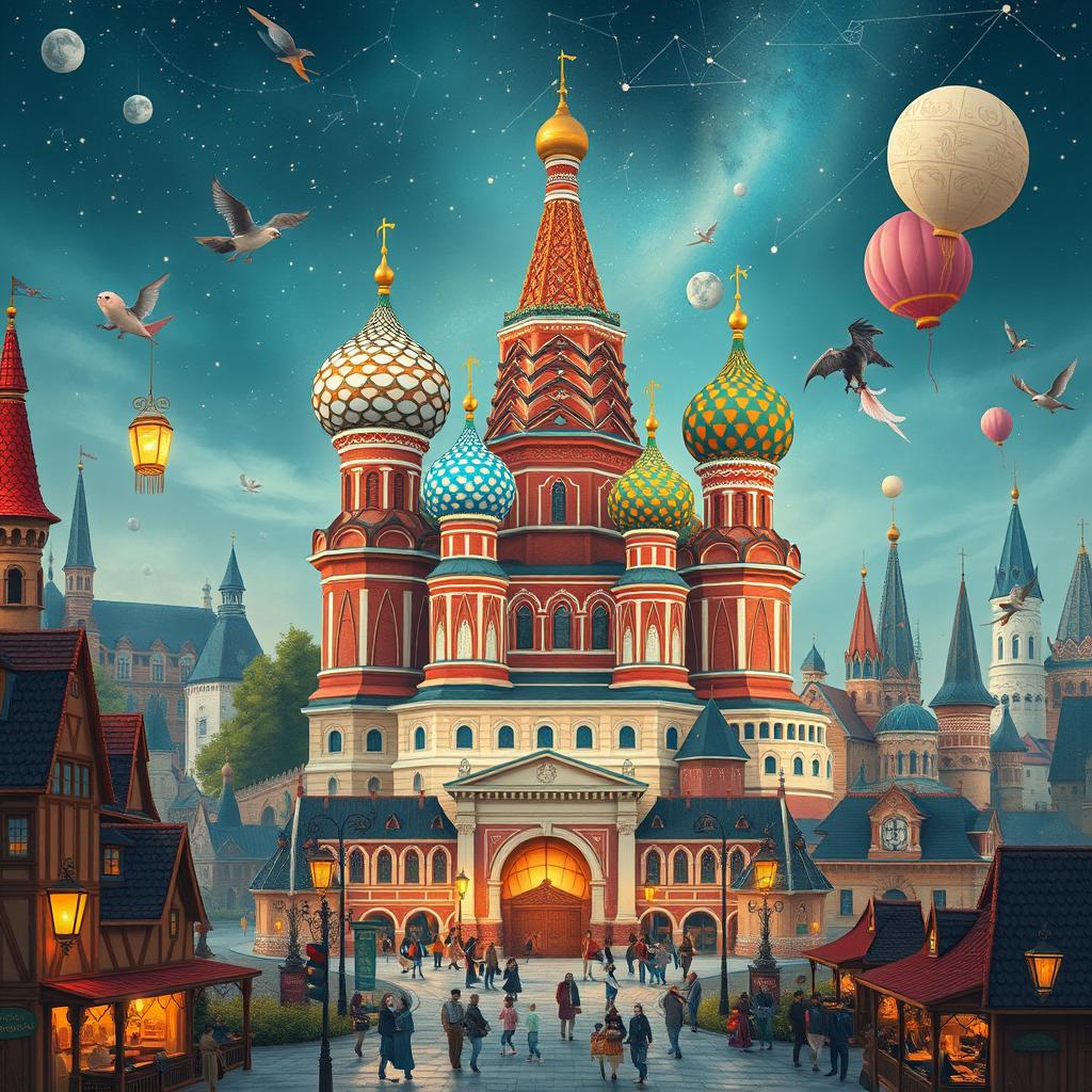 An imaginative cityscape blending cultural elements from Russia, Ukraine, and Belarus