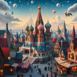 An imaginative cityscape blending cultural elements from Russia, Ukraine, and Belarus