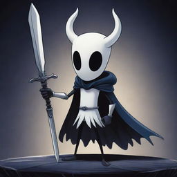 A detailed illustration of the Hollow Knight character from the popular video game, standing in a dynamic pose with his nail-sword presented prominently.