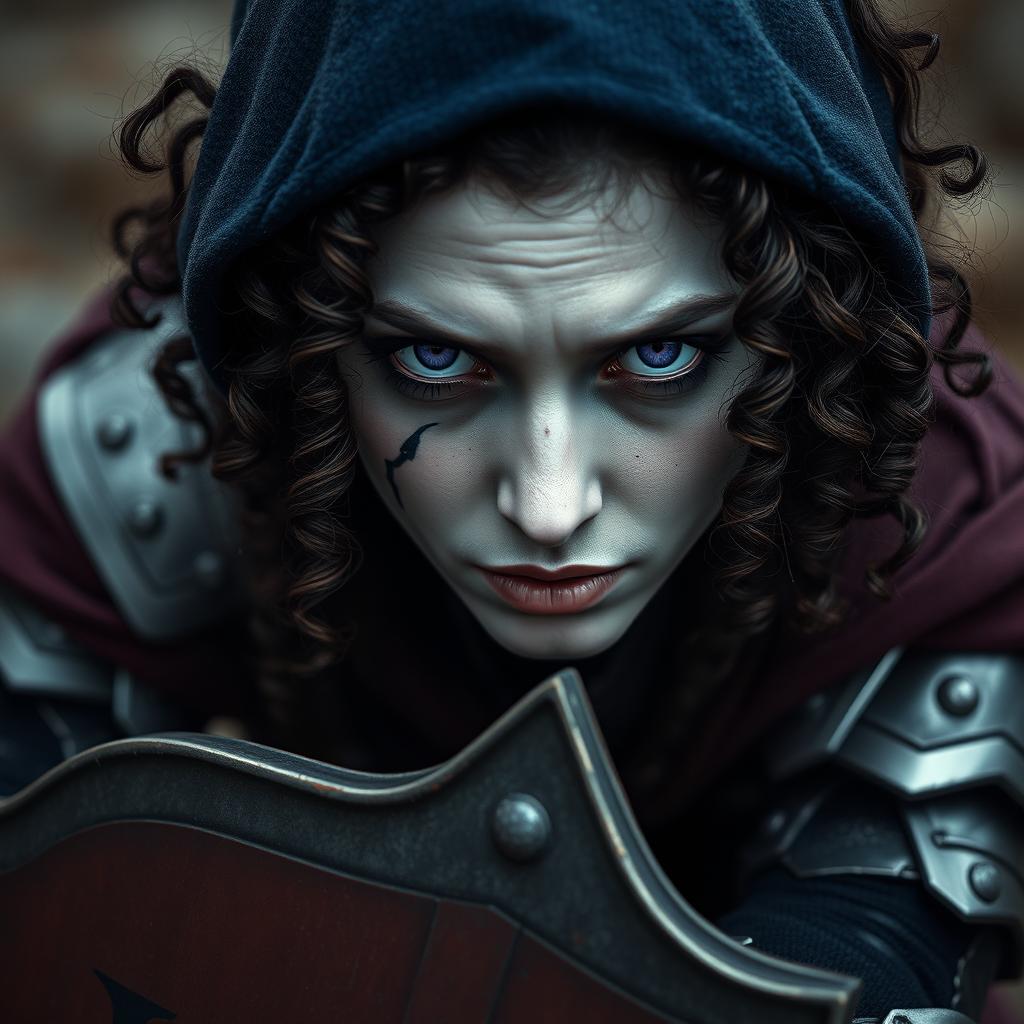 A woman with pale grey skin and piercing purple eyes, her very curly dark brown hair framing her face under a dark blue hood