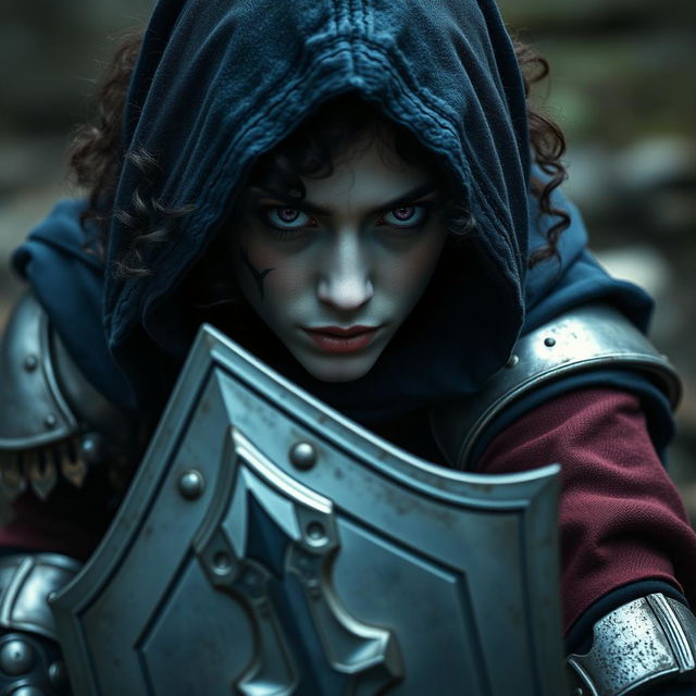 A woman with pale grey skin and piercing purple eyes, her very curly dark brown hair framing her face under a dark blue hood