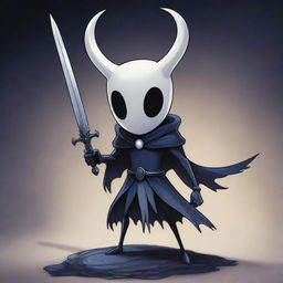 A detailed illustration of the Hollow Knight character from the popular video game, standing in a dynamic pose with his nail-sword presented prominently.