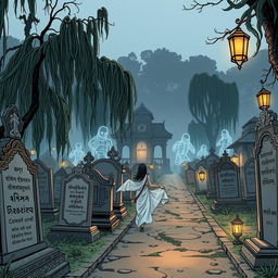 A Myanmar comic-style depiction of a cemetery featuring traditional Myanmar architecture, with an eerie yet artistic atmosphere