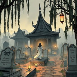 A Myanmar comic-style depiction of a cemetery featuring traditional Myanmar architecture, with an eerie yet artistic atmosphere