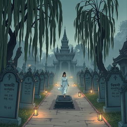 A Myanmar comic-style depiction of a cemetery featuring traditional Myanmar architecture, with an eerie yet artistic atmosphere