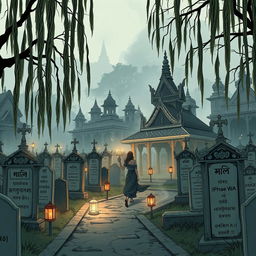 A Myanmar comic-style depiction of a cemetery featuring traditional Myanmar architecture, with an eerie yet artistic atmosphere