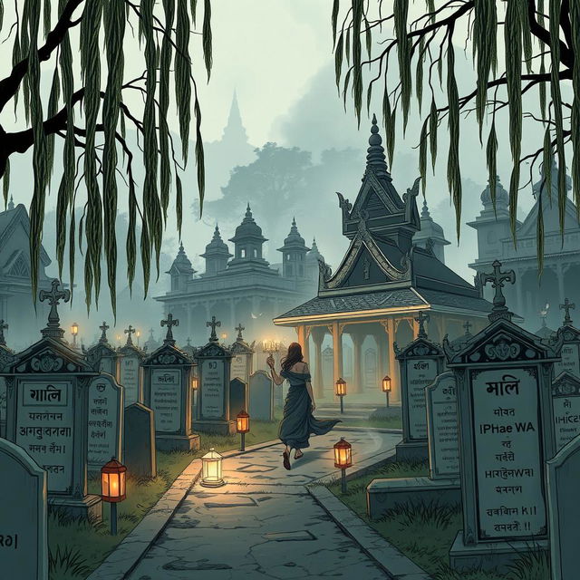 A Myanmar comic-style depiction of a cemetery featuring traditional Myanmar architecture, with an eerie yet artistic atmosphere