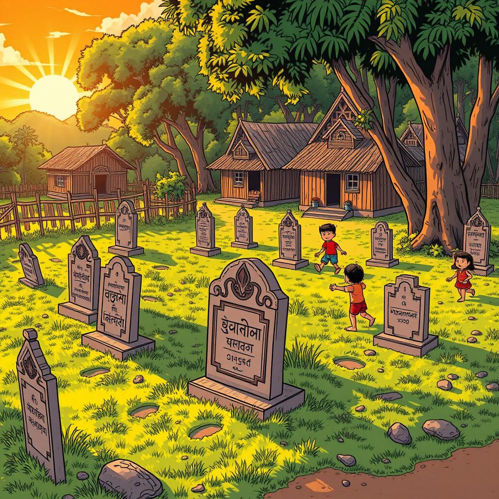 A Myanmar comic-style illustration of a cemetery in a rural village