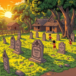 A Myanmar comic-style illustration of a cemetery in a rural village